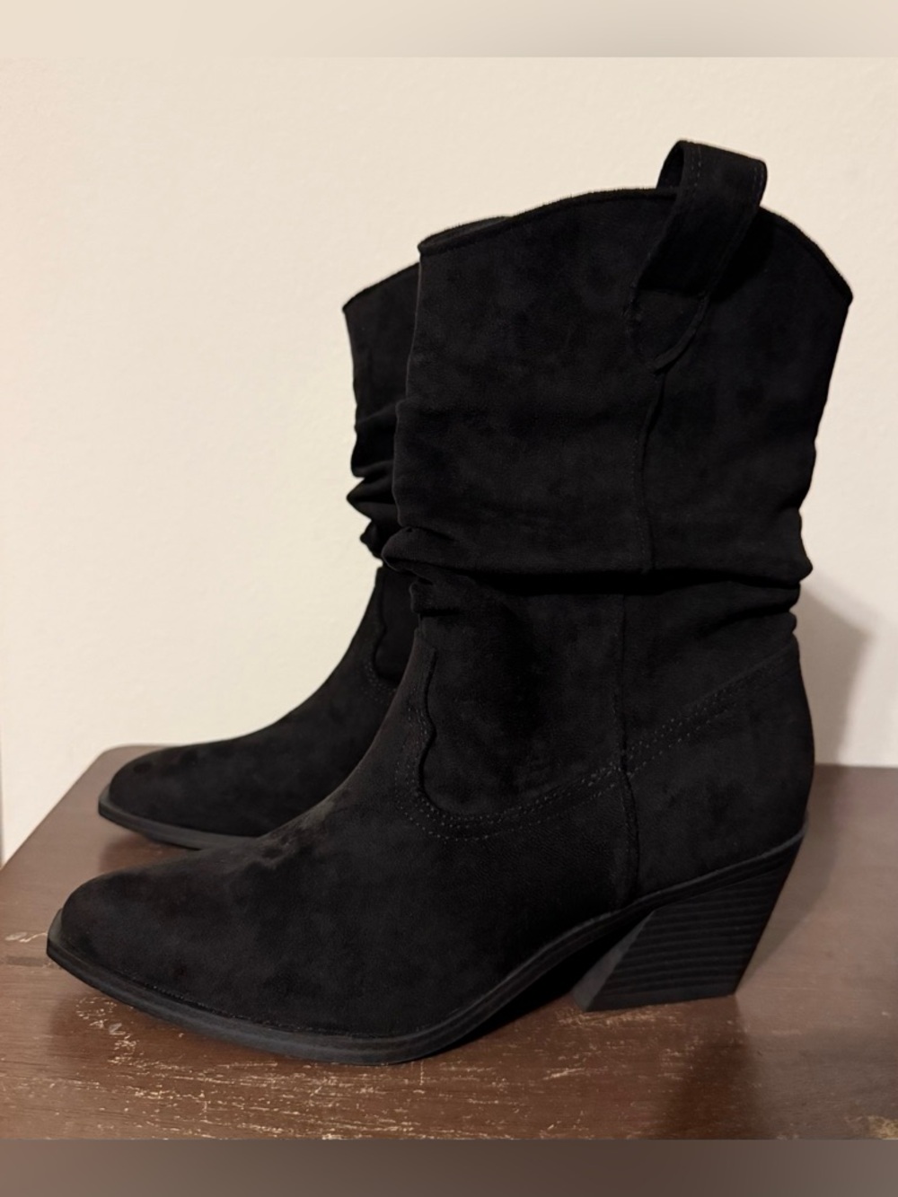 Black mid calf western slouch boots